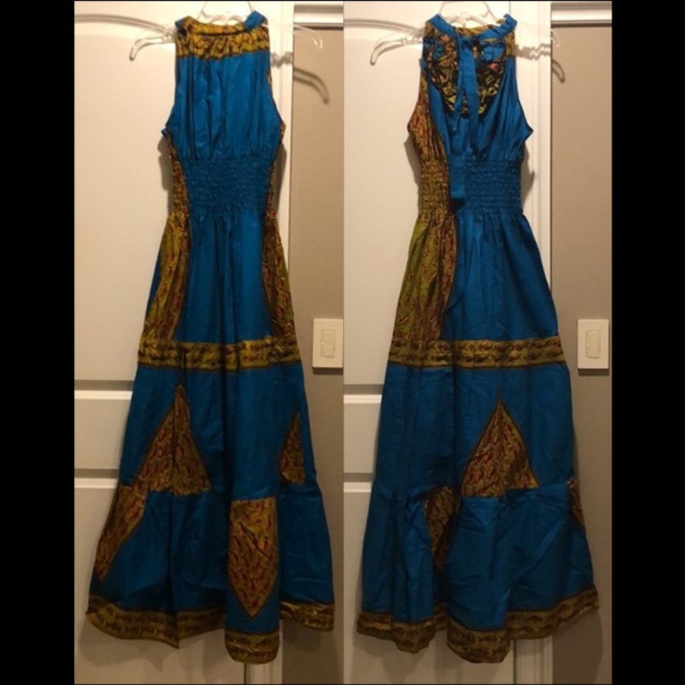 Vintage African artisan cotton high neck novelty fish print sleeveless maxidress